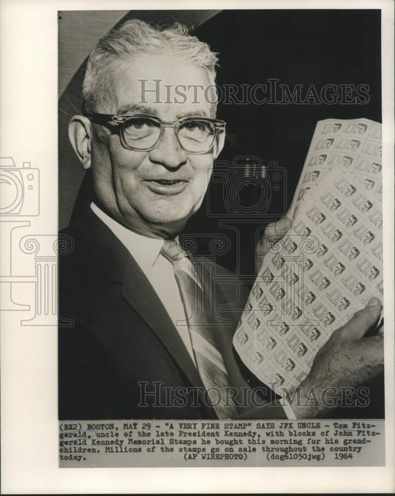 1964 Tom Fitzgerald, Kennedy&#39;s uncle, holds block of JFK stamps-Historic Images