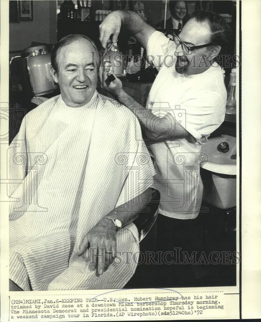 1972 Senator Humphrey has hair trimmed by David Rose in Miami, FL - Historic Images