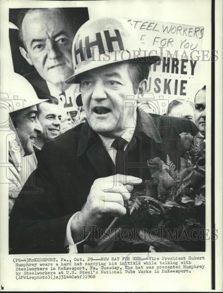1968 Vice President Humphrey presented HHH hard hat by steelworkers - Historic Images