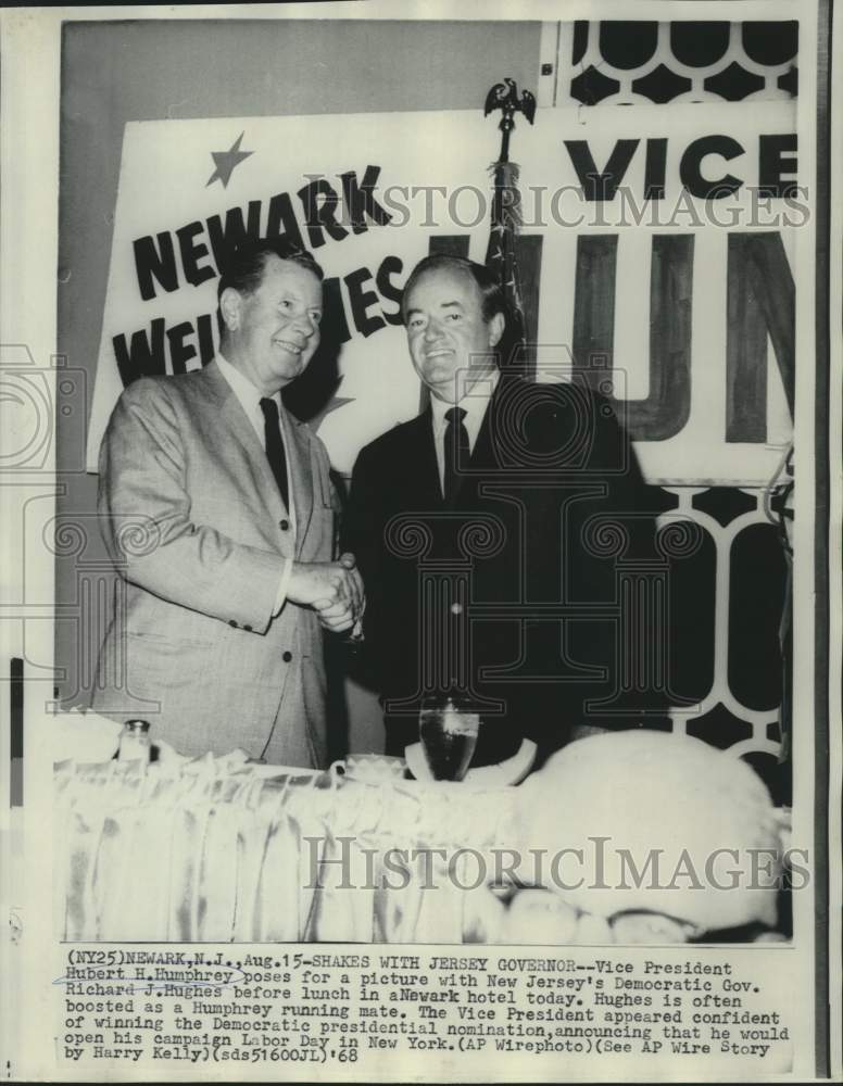 1968 Vice President Humphrey and New Jersey Governor Hughes shake - Historic Images