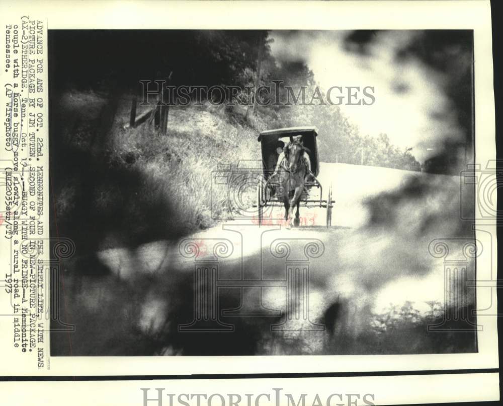 1973 Tennessee Mennonite couple in horse and buggy on rural road - Historic Images