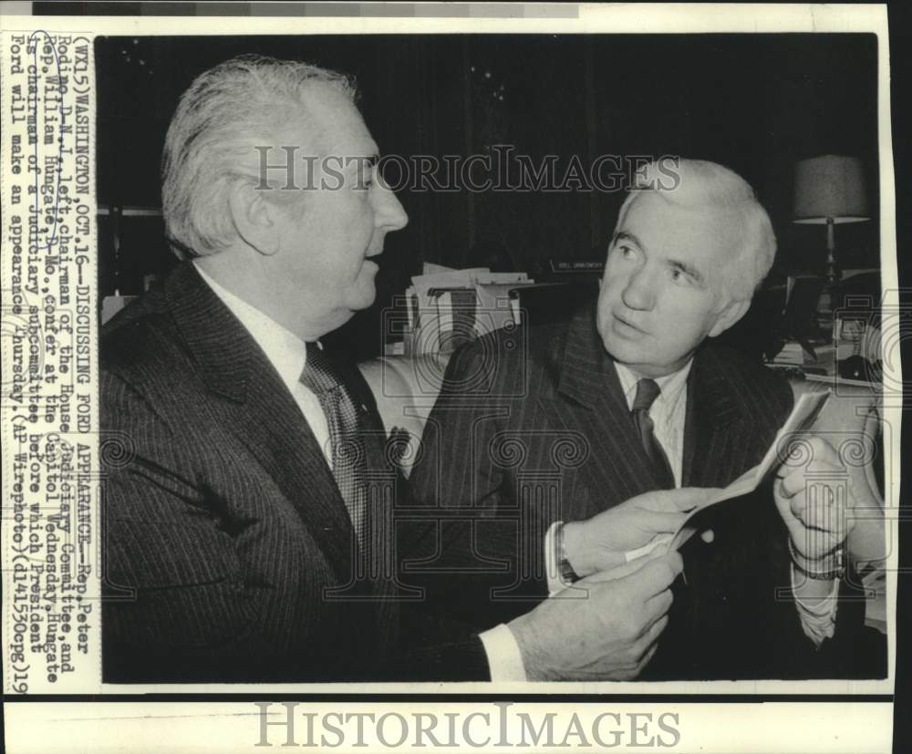 1974 Representatives Rodino and Hungate at House Judiciary hearing - Historic Images