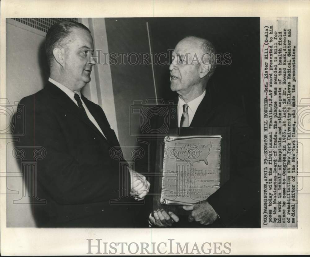 Dr. Howard Rusk presents &quot;Health-USA&quot; award to Senator Lister Hill - Historic Images