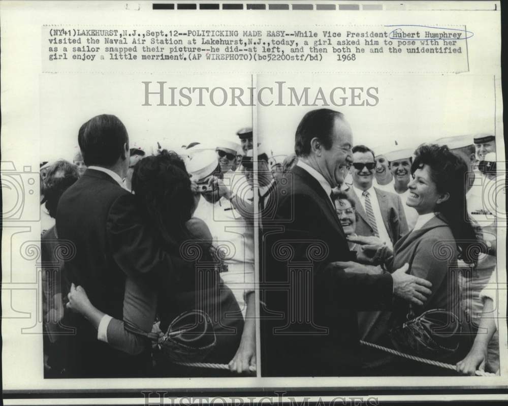 1968 Vice President Humphrey poses with girl at Lakehurst, NJ - Historic Images