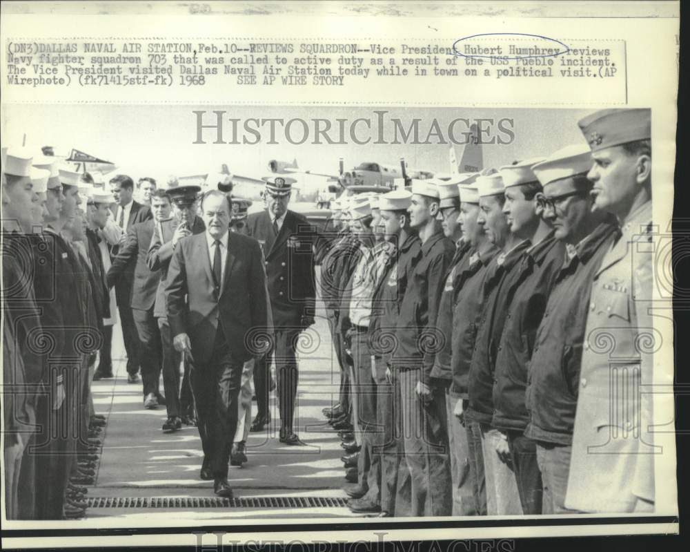 1968 Vice President Humphrey reviews Navy fighter squadron 703 in TX - Historic Images