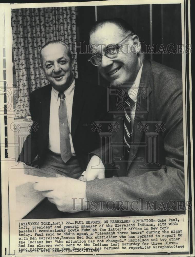 1969 Bowie Kuhn and Gabe Paul of Cleveland Indians meet in New York. - Historic Images