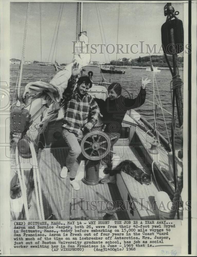 1968 Aaron and Bernice Jasper wave from yawl, Dryad in Massachusetts - Historic Images