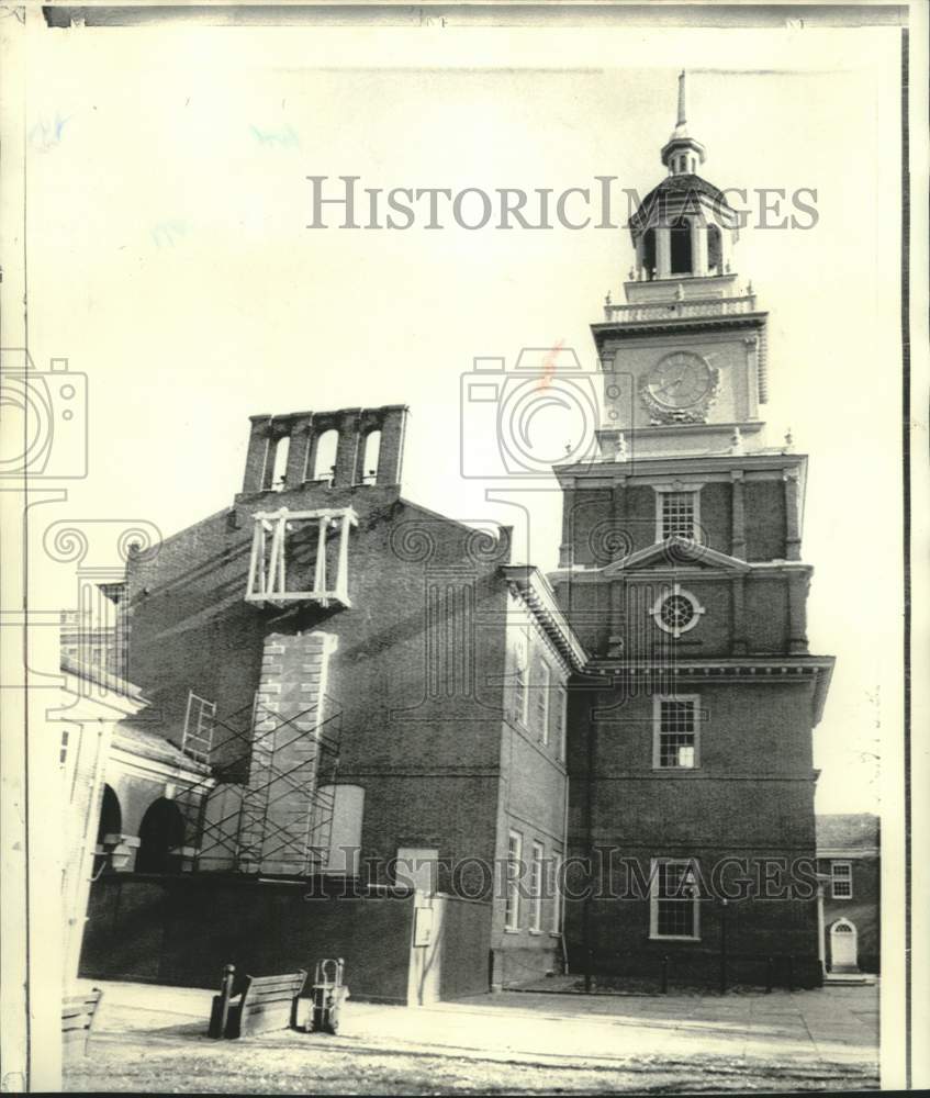 1972 Scaffolding and framework at Independence Hall site for clock - Historic Images