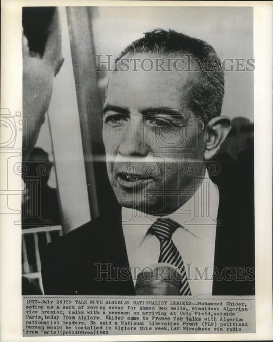 1962 Press Photo Mohammed Khider with newsman at Orly Field, Paris, France-Historic Images