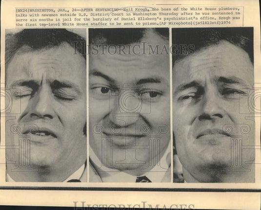 1974 Press Photo Egil Krogh, boss of White House plumbers, with newsmen-Historic Images