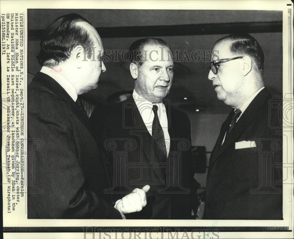 1971 Press Photo Israel&#39;s Abba Eban, Gunnar Jarring and Tekoah at luncheon.-Historic Images