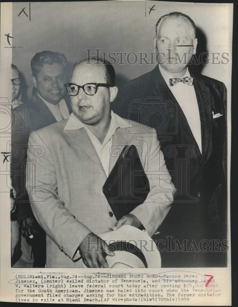 1959 Exiled Venezuelan dictator Jimenez and attorney leave court-Historic Images