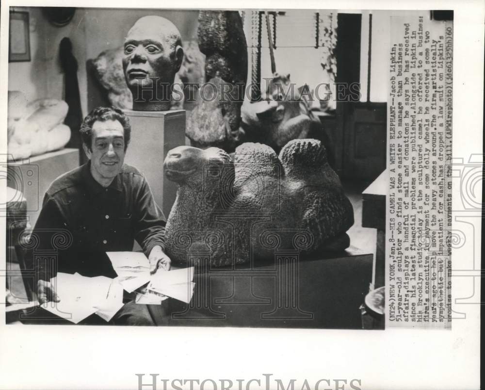 1960 Sculptor Jacob Lipkin with sculptured camel in Brooklyn studio - Historic Images