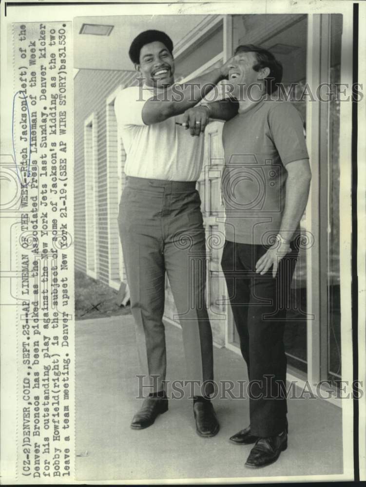 1969 Denver Broncos&#39; Rich Jackson and Howfield leave team meeting - Historic Images