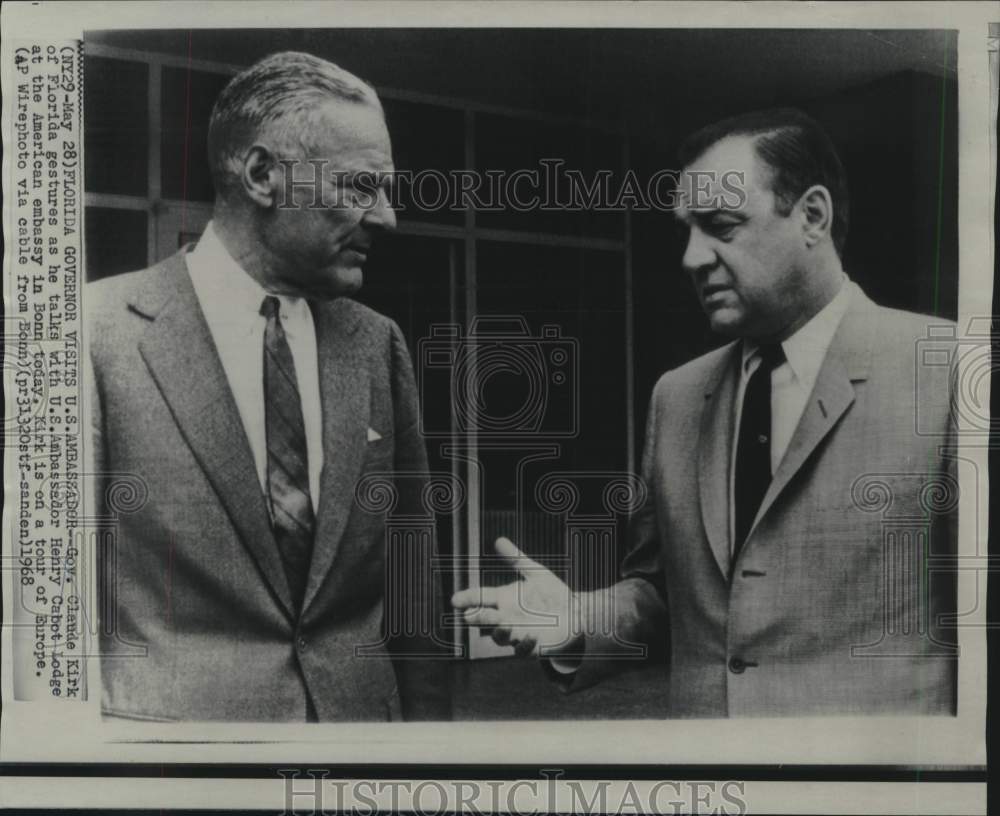 1968 Press Photo Claude Kirk, Henry Cabot Lodge chat, American Embassy, Germany - Historic Images