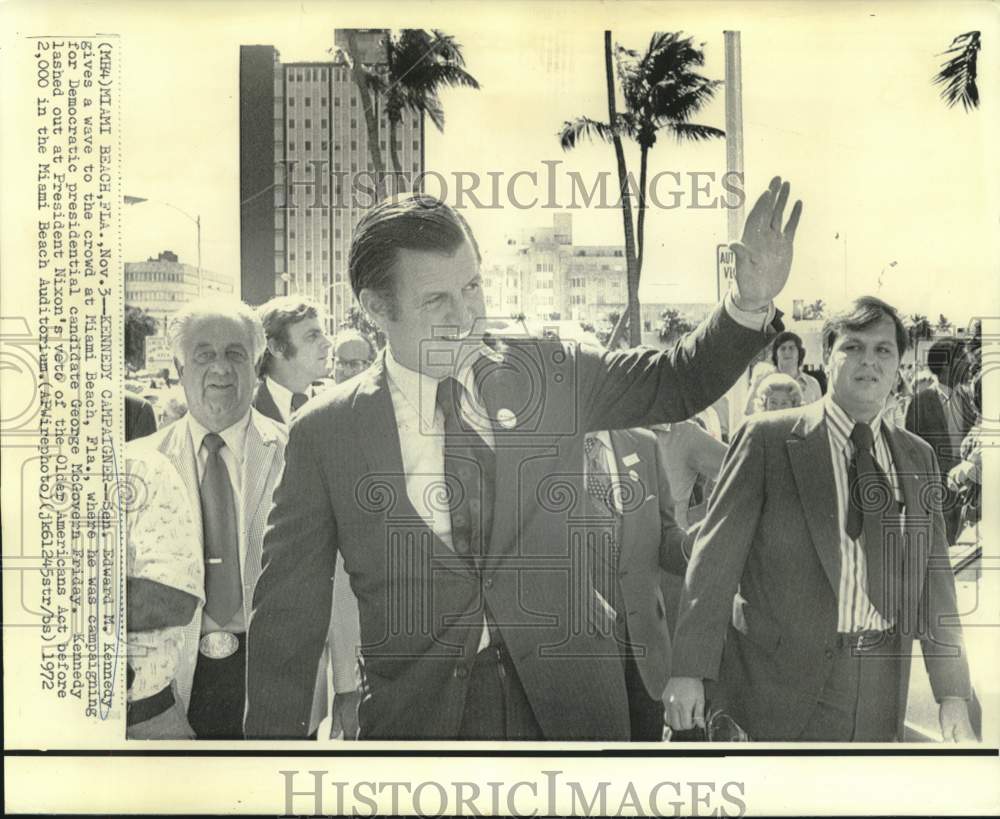 1972 Senator Edward Kennedy waves to Miami Beach, Florida crowd - Historic Images