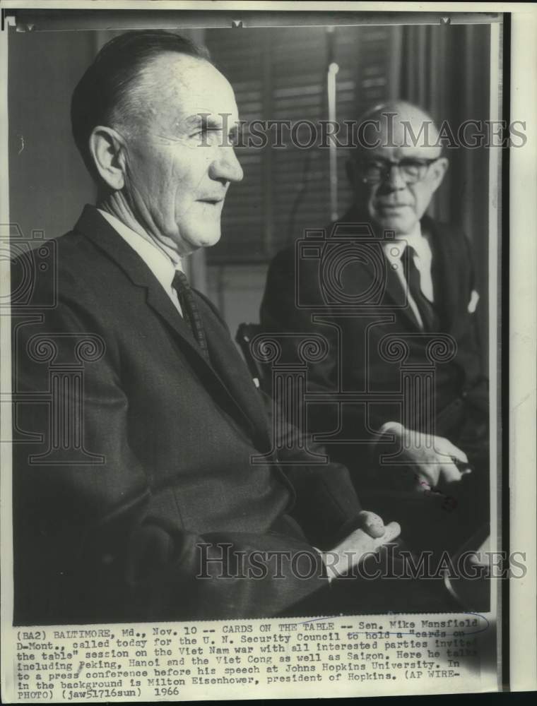 1966 Press Photo Senator Mike Mansfield and Milton Eisenhower at news conference - Historic Images