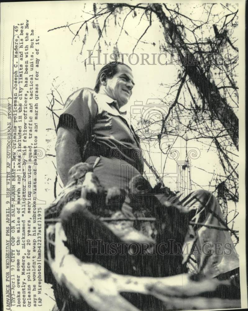 1975 New Orleans policeman Madere looks over his beat of marsh - Historic Images