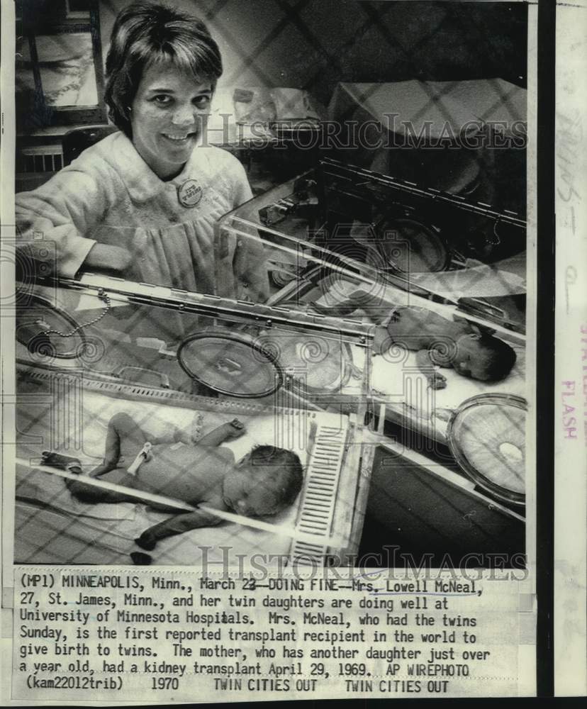 1970 Mrs McNeal, kidney transplant patient, gives birth to twins - Historic Images