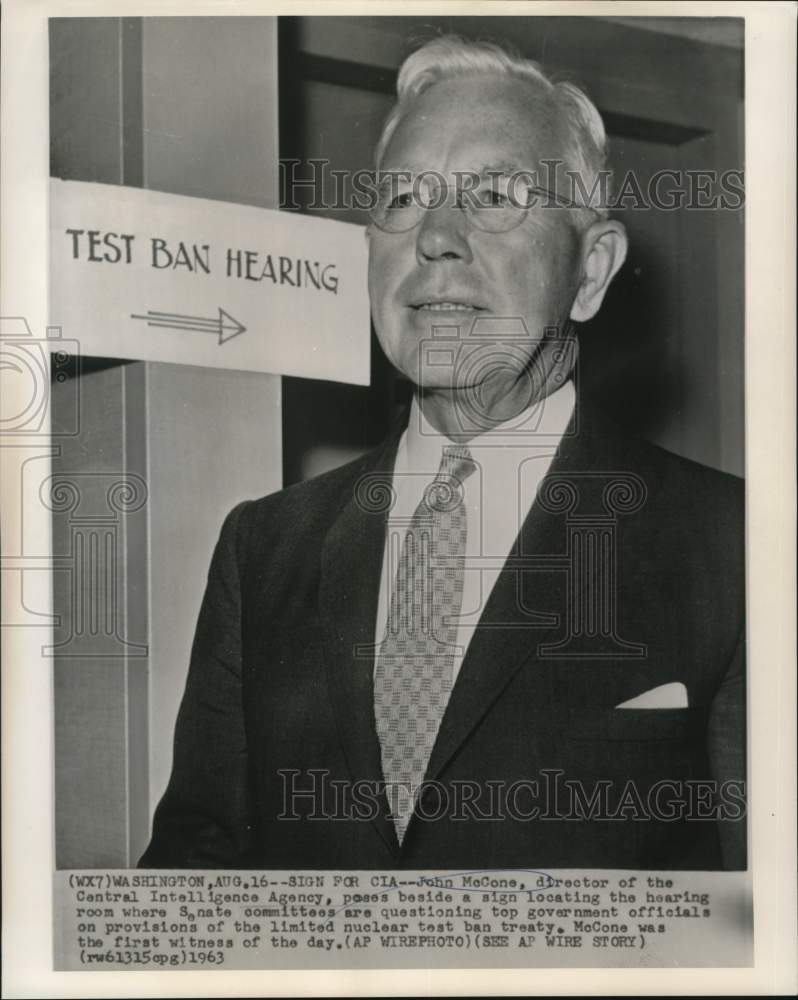 1963 Press Photo CIA Director John McCone poses outside Test Ban Hearing-Historic Images