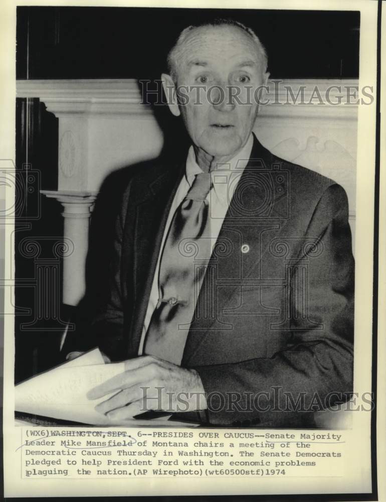 1974 Senate Majority leader Mansfield at Democratic Caucus. - Historic Images