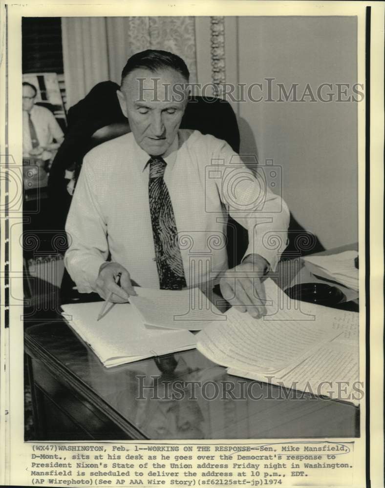 1974 Senator Mike Mansfield at his desk in Washington - Historic Images