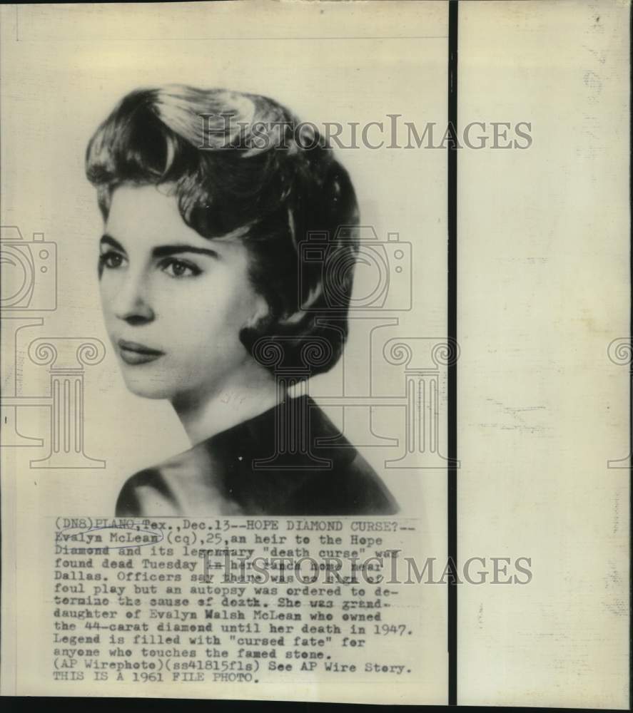 1961 Press Photo Evalyn McClean, Hope Diamond heiress, portrait re: death in TX - Historic Images