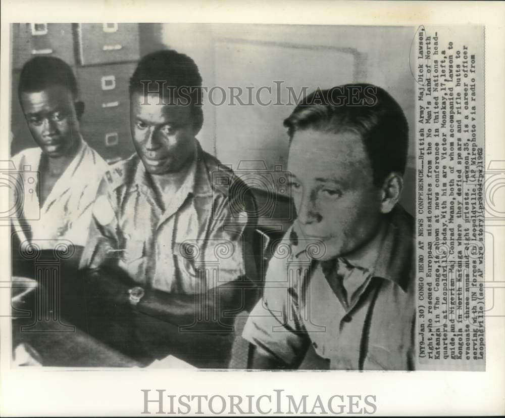 1962 Press Photo Dick Lawson, Victor Monekay, Conrad Mwano, press conf., Africa-Historic Images