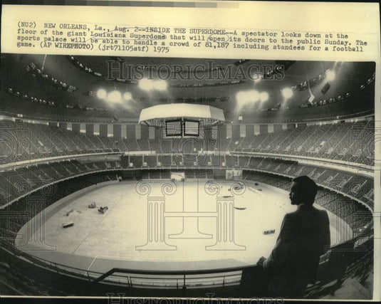 1975 Press Photo Spectator looks at floor of Louisiana Superdome in New Orleans-Historic Images