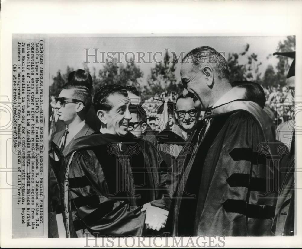 1964 Press Photo Presidents Mateos and Johnson congratulate each other at UCA-Historic Images