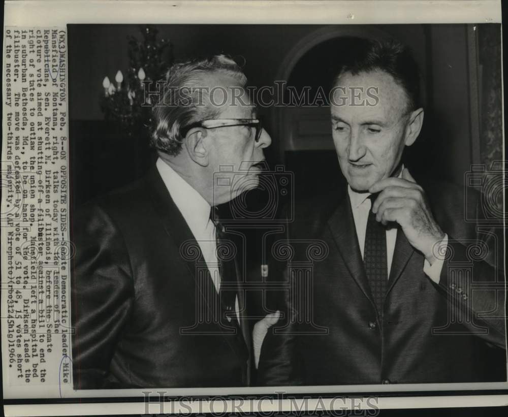 1966 Senators Mike Mansfield and Dirksen in Washington on bill vote - Historic Images