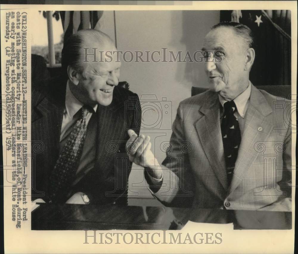 1974 President Ford chats with Senator Mike Mansfield at White House - Historic Images