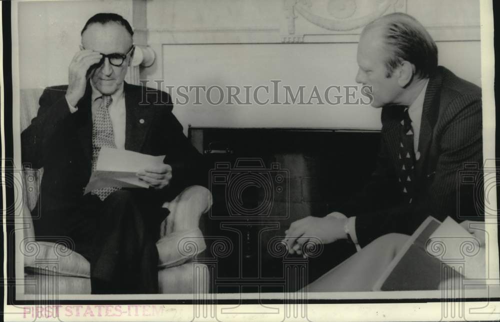 1974 President Ford listens to Senator Mansfield at White House - Historic Images