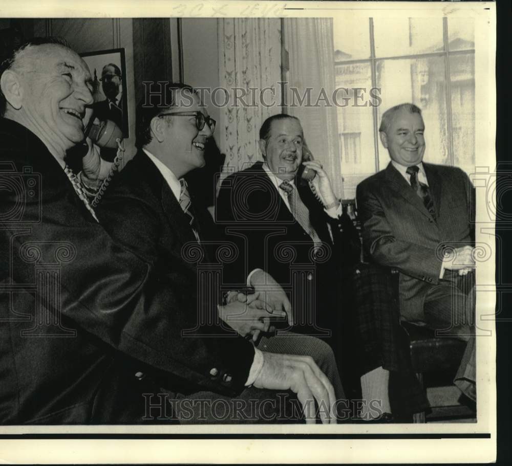 1973 Senator Mansfield on phone with others in Scott&#39;s office - Historic Images