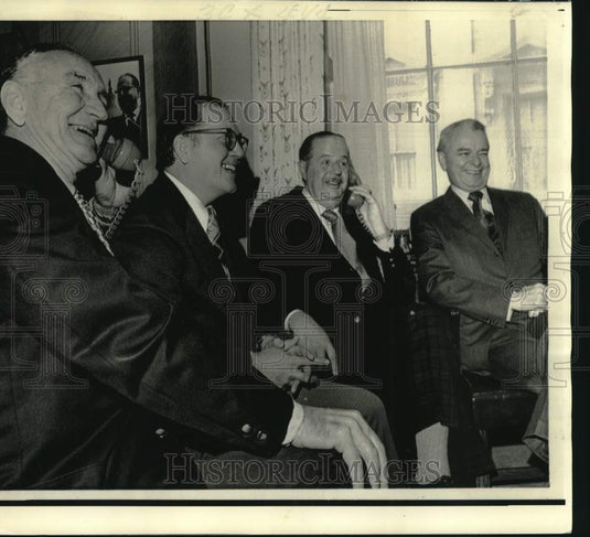 1973 Senator Mansfield on phone with others in Scott's office - Historic Images