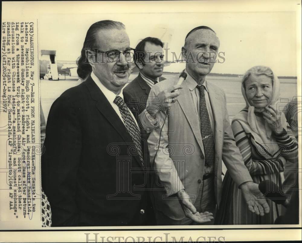 1972 Senators Mike Mansfield and Scott with newsmen at Andrews AFB - Historic Images