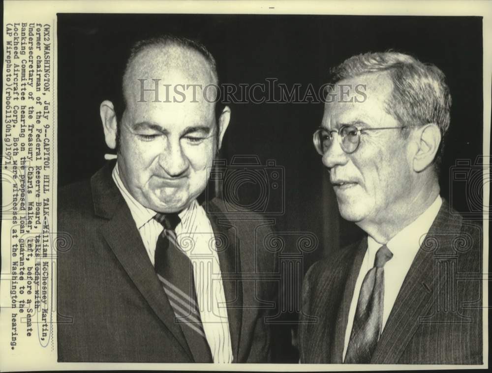 1971 William M. Martin and Charles Walker at Senate Banking hearing - Historic Images