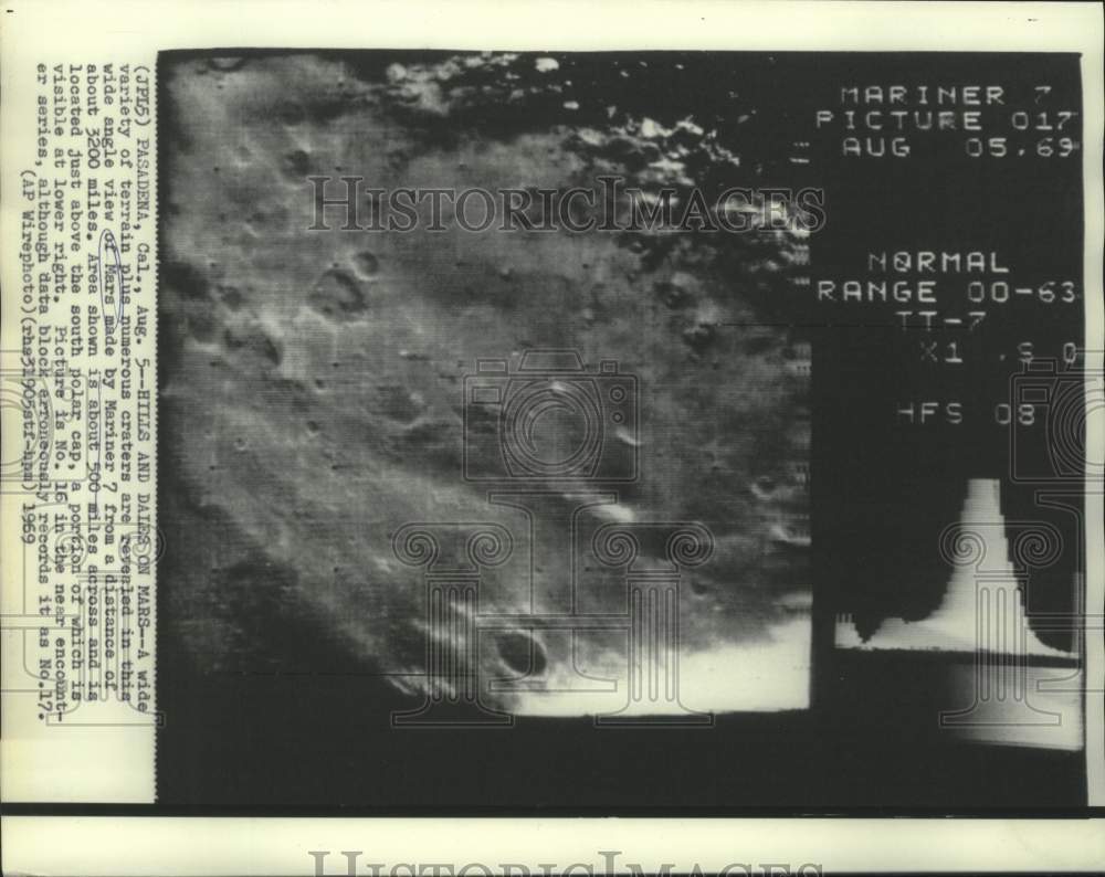 1969 Press Photo Terrains and craters show in Mars photograph by Mariner 7-Historic Images