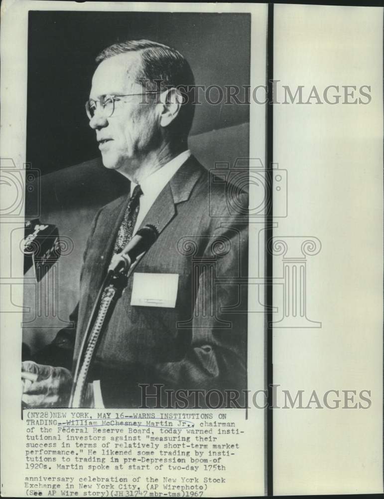 1967 Press Photo William McChesney Martin speaks at New York Stock Exchange, NY-Historic Images