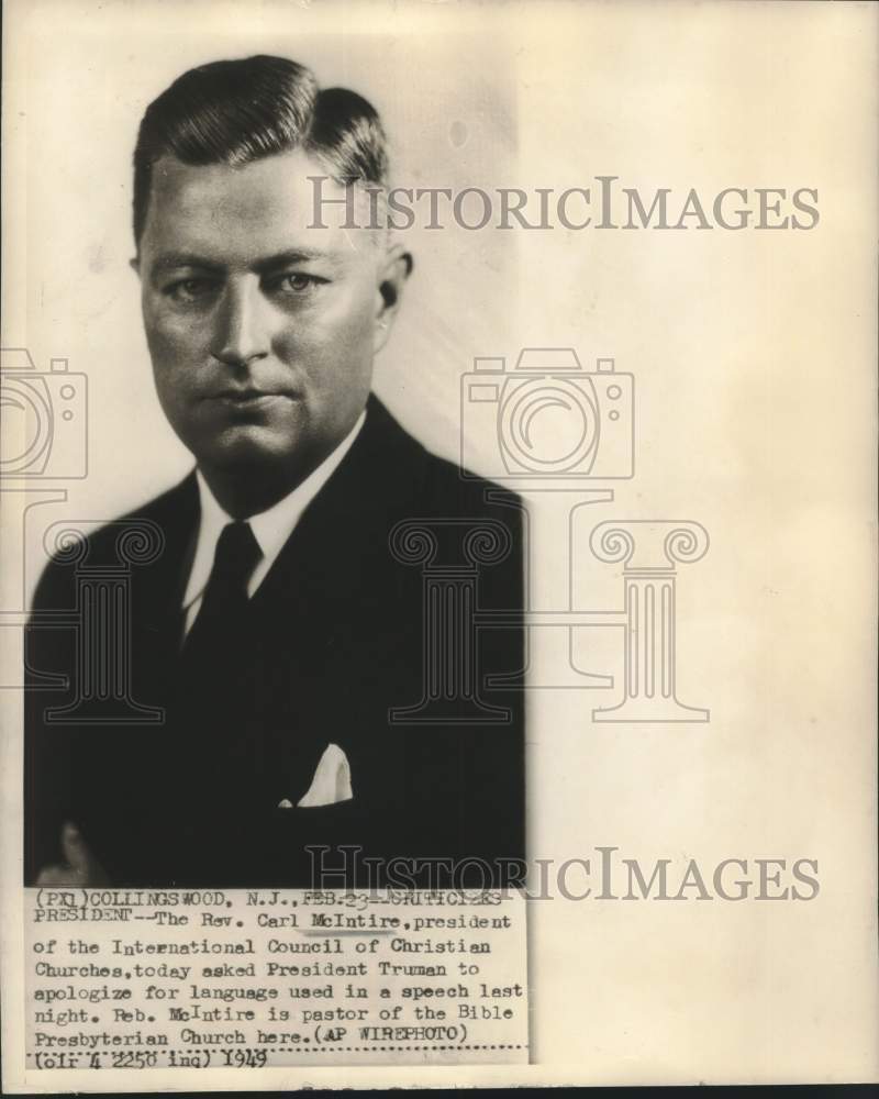 1949 Press Photo Bible Presbyterian Church pastor Reverend Carl McIntire-Historic Images
