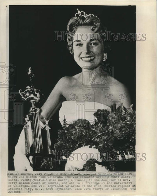 1959 Press Photo Miss Colorado Marlinda Mason with crown, trophy & flowers, CO-Historic Images