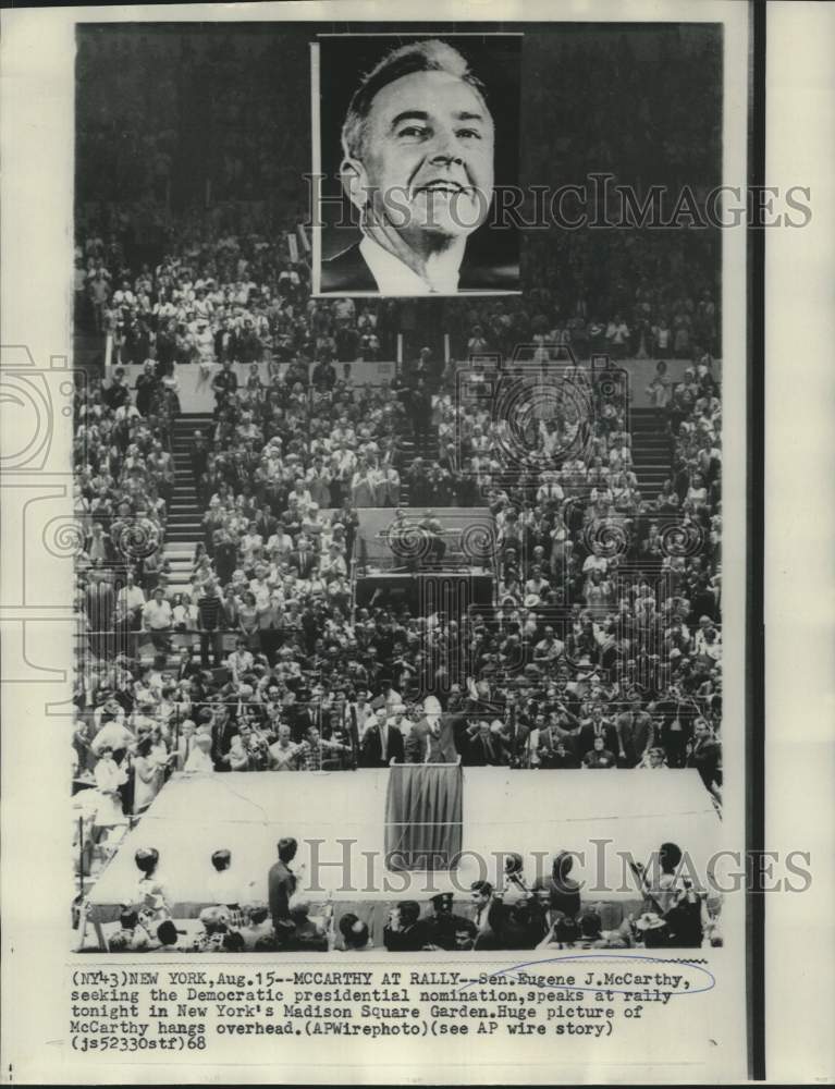 1968 Press Photo Senator McCarthy stands under large picture at political rally-Historic Images