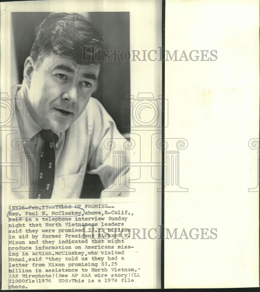 1974 Press Photo Representative Paul McCloskey in telephone interview-Historic Images