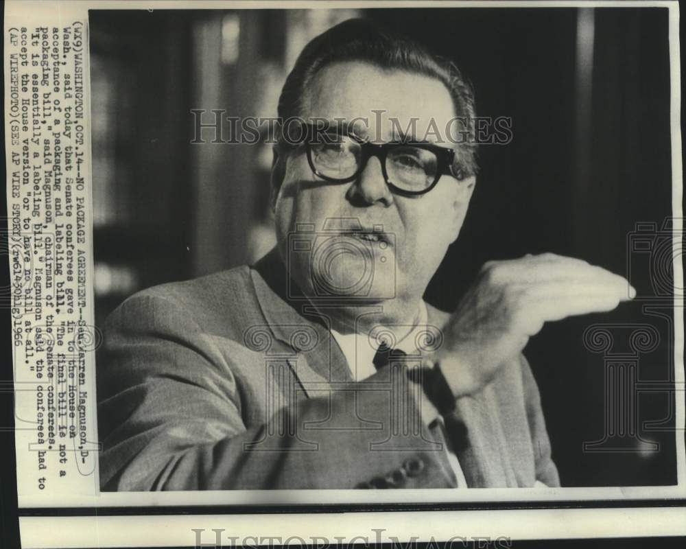 1966 Press Photo Senator Warren Magnuson speaking on packaging and labor bill-Historic Images