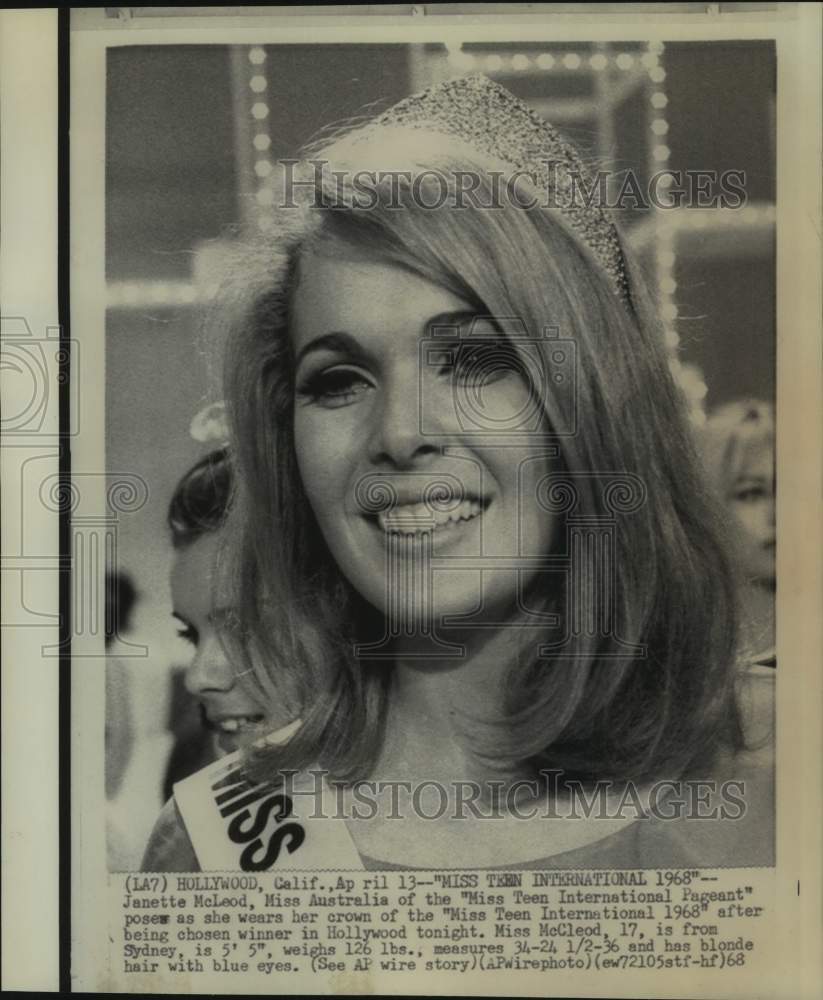 1968 Press Photo Miss Australia Janette McLeod crowned Miss Teen International - Historic Images