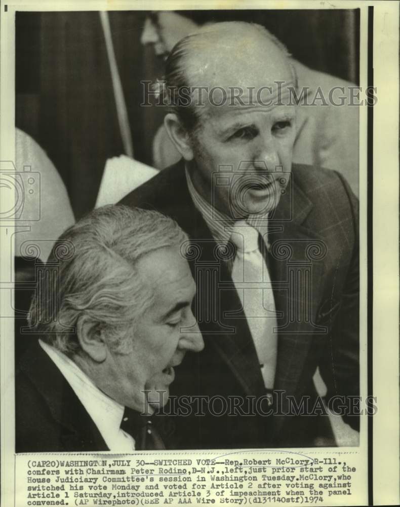 1974 Representative McClory confers with Rodino at House Judiciary - Historic Images