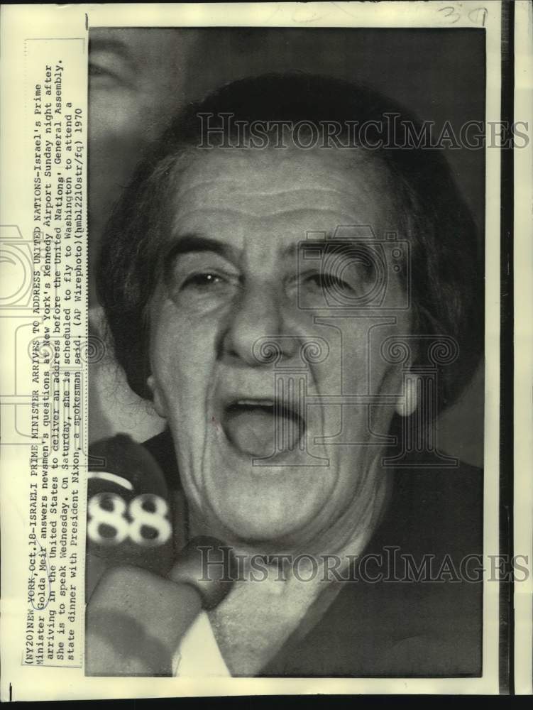 1970 Israel&#39;s Premier Golda Meir with newsmen at Kennedy Airport - Historic Images