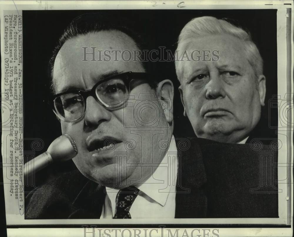 1970 Budget Director Robert Mayo and Kennedy at reporters&#39; briefing - Historic Images