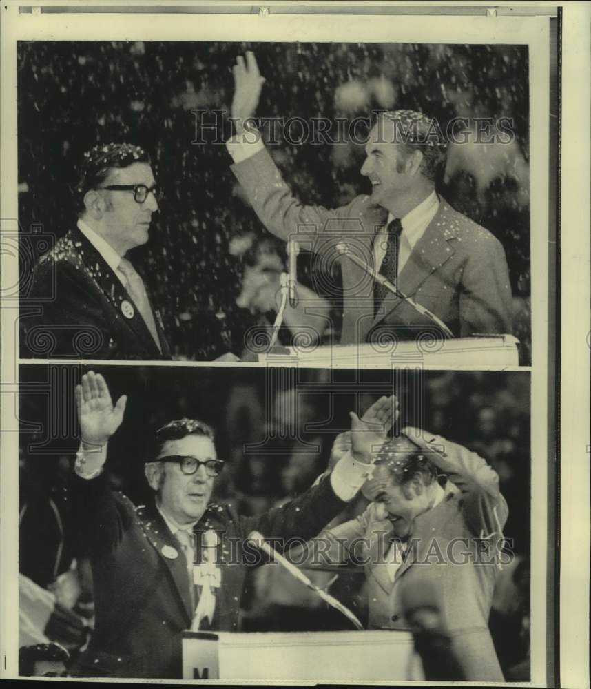 1972 Confetti rains down on McGovern and Woodcock at CA rally - Historic Images