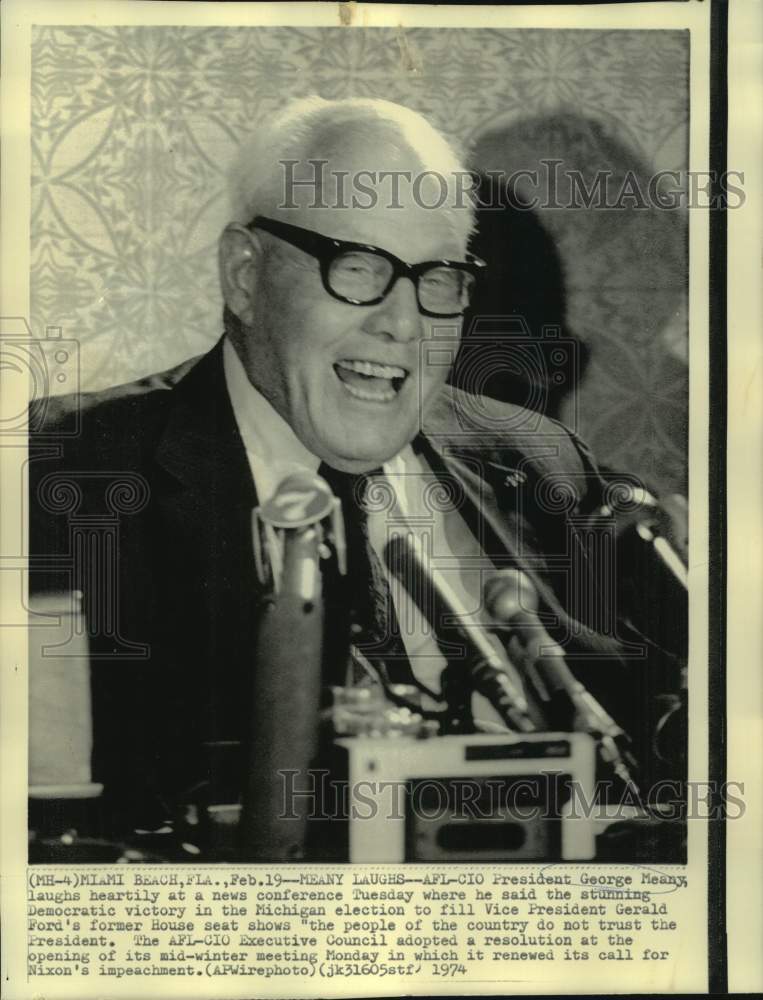 1974 AFL-CIO President George Meany laughs at news conference - Historic Images